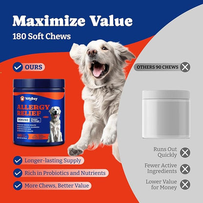 Dog Allergy Relief Chews – 180 Soft Chews, Duck & Pear Flavor - Immune Support & Itch Relief with Colostrum, Astragalus Root, 6-Strain Gut Health Blend