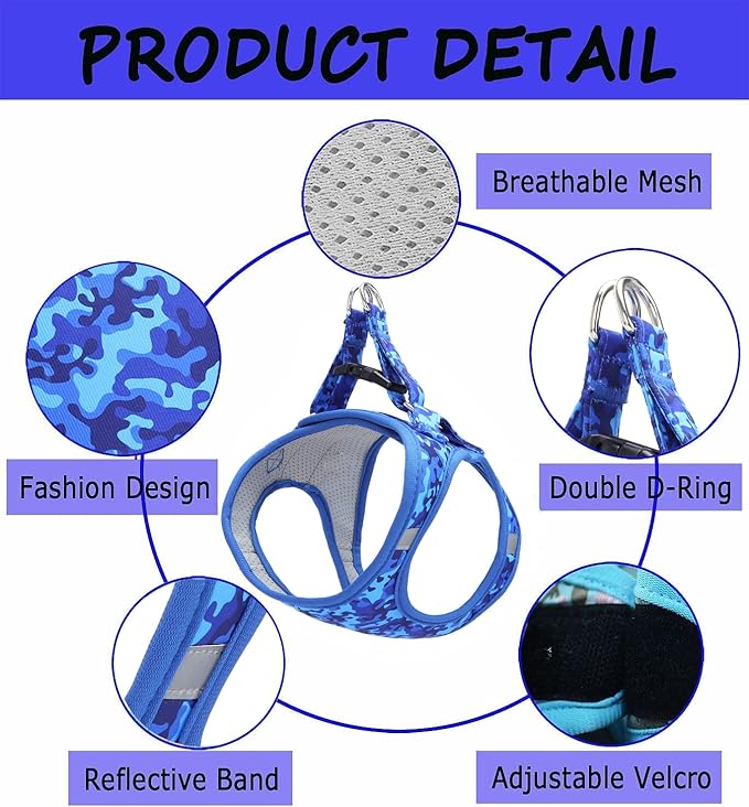 Moonpet Step in Air Boy Dog Harness Leash Set- All Weather Reflective No-Pull Padded Mesh Vest Harness for Cats Puppy Extra-Small Small Medium Large Dogs - Blue Camouflage - S
