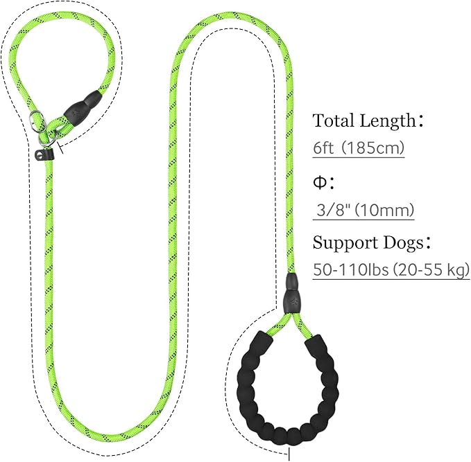 TagME 6ft Slip Dog Lead, No Pull Reflective Training Leash with Padded Handle, Professional Rope P-Leash for Small Medium Large Dogs, Heavy Duty Correction Lead for Walking & Training (Green)