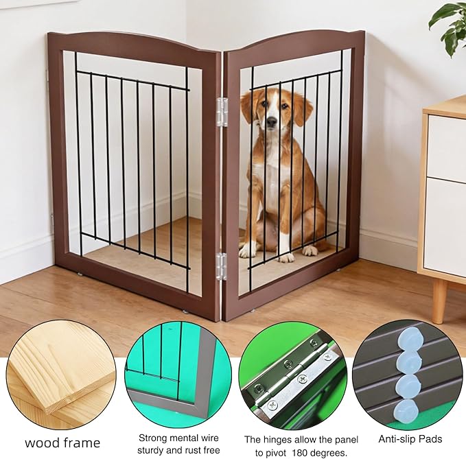 ZJSF Freestanding Foldable Dog Gate for House Extra Wide Wooden Indoor Puppy Gate Stairs Doorways Pet Gate Tall Dog Fence 2 Panels Fence Brown