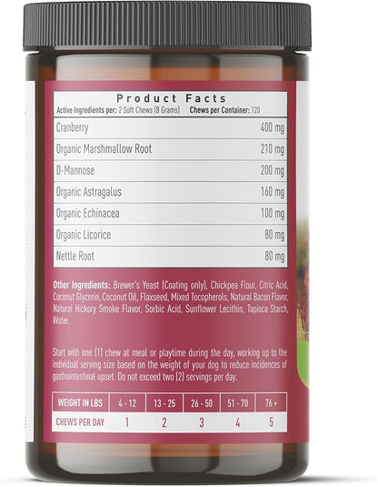 Strawfield Pets Cranberry Bladder & UTI Chews for Dogs D-Mannose + Vitamin C for Urinary Tract Support Bacon Flavored Soft Chews 120 softchews