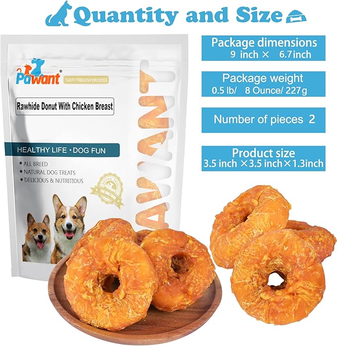 Dog Treats Long Lasting for Large Dog Clean Teeth Chicken Wrapped Rawhide Donuts 0.5lb/227g