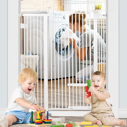 SHYUJAJIE 71 Inch Extra Tall Pet Gate with Small Cat Door, 29.55"-46.06" Adjustable Wide Dog Gate, Tall Cats Gates for Doorway, Stairs, House(White)