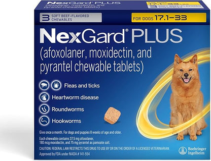 NexGard Plus (afoxolaner, moxidectin, and pyrantel) Flea and Tick Protection & Heartworm Preventive for Dogs Soft Beef Flavored Chewables, 17.1-33 lbs. (Gold) 3 Chews (3 Month Supply)