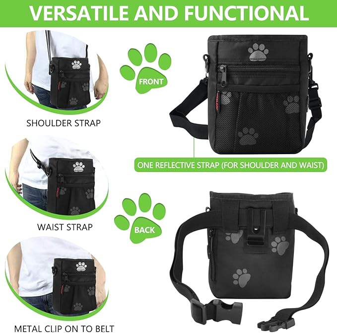 kissleaf Dog Treat Pouches for Pet Training, Treat Pouches for Pet Training,Large Dog Treat Training Pouch and Dog Clicker,Dog Training Treat Pouch Built-in Poop Bag Dispenser-Black Pattern.