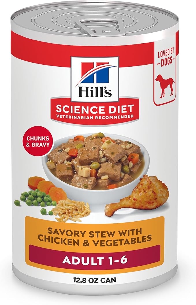 Hill's Science Diet Adult 1-6, Adult 1-6 Premium Nutrition, Wet Dog Food, Chicken & Vegetables Stew, 12.8 oz Can, Case of 12