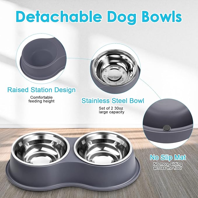 Epetslove Dog Bowls Large Double Dog Water and Food Bowls Stainless Steel Bowls with Non-Slip Resin Station, Pet Feeder Bowls Food Dish for Small Medium Large Dogs Cats