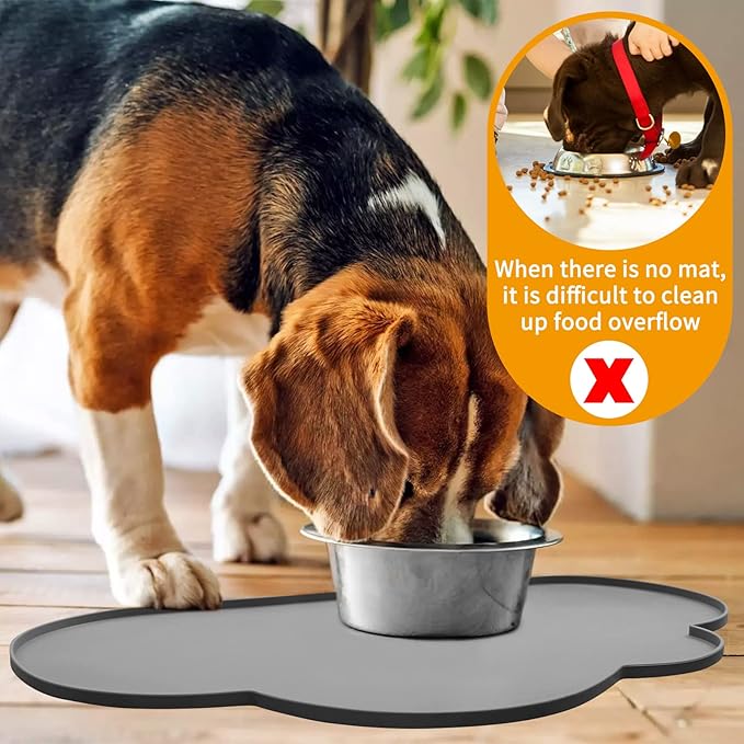 Ptlom Pet Placemat for Dogs and Cats, Non-Slip Waterproof Dog Feeding Mats Prevent Food and Water Overflow, Puppy Bowl Mat Suitable for Small, Medium and Large Pets, Silicone, Grey