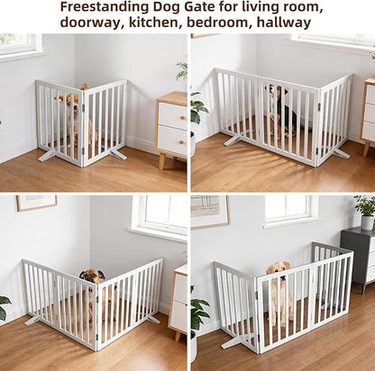 ZJSF Freestanding Indoor Dog Gate for House Foldable Wood White Puppy Gate for Doorways Pet Gate for Stairs Extra Wide Pet Fence 32" Height 2 Panels