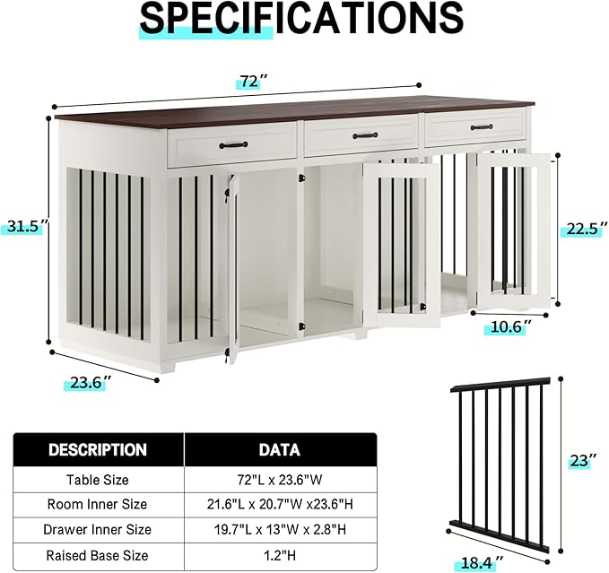 Dog Crate Furniture - Indoor Wooden Dog Kennel Crate Furniture with 2 Dividers, 3 Drawers, and 3 Lockable Doors, 72"x23.6"x31.5"H, White
