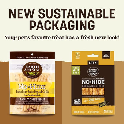 Earth Animal No Hide Stix - Long Lasting Rawhide Free Small Dog Chews Sticks, Peanut Butter - 10 Count