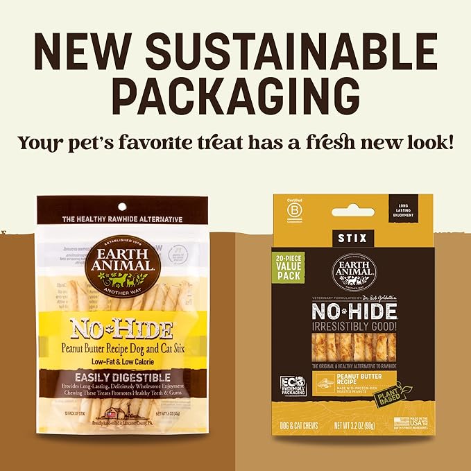 Earth Animal No Hide Stix - Long Lasting Rawhide Free Small Dog Chews Sticks, Peanut Butter - 80 Count Extra Value Pack