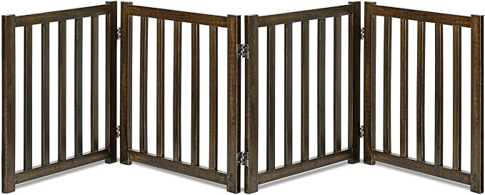 LZRS 4-Panel Wooden Free Standing Foldable Dog Gate Indoor – 24" High, Extra Wide Step-Over Safety Pet Gate for Doorways, Stairs, Hallways, Large Spaces & Playpen for Puppies Indoor Use, Walnut