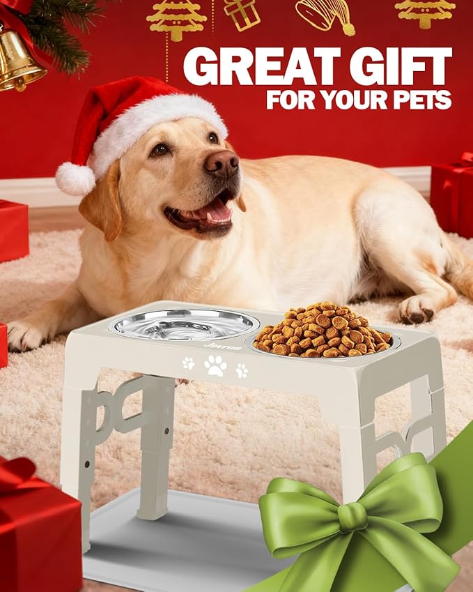 Jovrun Elevated Dog Bowls for Medium Size Dogs with Mat, Non-Slip Dog Feeder with 1*Stainless Steel Dishes & 1*Slow Feeder Bowl, 5 Heights Adjustable Raised Bowls for 3.15″-8.66″-9.84″-11.02″-12.2″