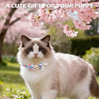 EXPAWLORER Small Collar and Leash Set - Embroidery Pawprints with Bow Tie and Bandana Collar with Bell, Soft Tangle Free Leash for Dogs Cats Outdoor Walking, Holiday Ideal Gift Blue Flowers S