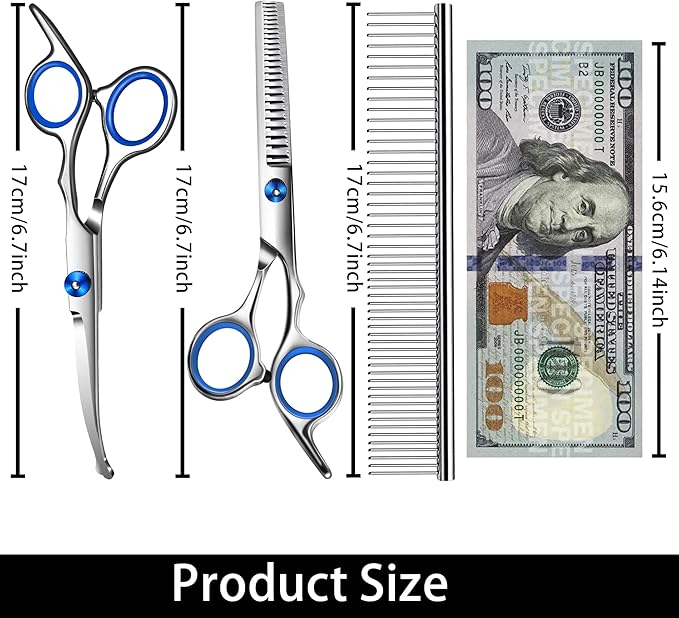 Dog Grooming Scissors with Safety Round Tip,Pet Grooming scissors Kit,Dog Shears for Grooming,Incude Thinning,Curved Grooming Scissors and Comb for dogs, cats.Suitable for The Right Hand