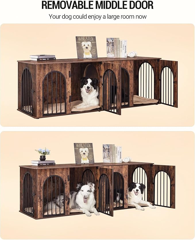 Hzuaneri 71" Dog Crate Furniture for 2 Dogs, Heavy Duty Indoor Dog Kennel TV Stand, XL Wooden Dog Cage with Divider for Medium Large Dogs, End Table Dog Crate with Cushion, Rustic Brown DFC81901B