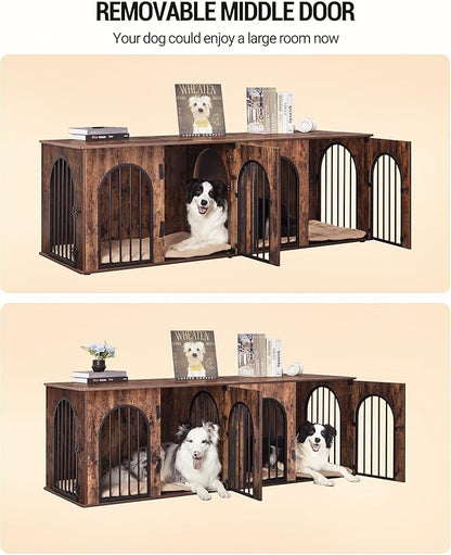 Hzuaneri 71" Dog Crate Furniture for 2 Dogs, Heavy Duty Indoor Dog Kennel TV Stand, XL Wooden Dog Cage with Divider for Medium Large Dogs, End Table Dog Crate with Cushion, Rustic Brown DFC81901B
