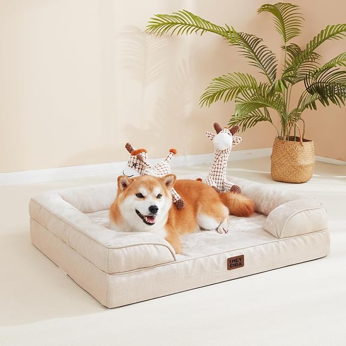 EHEYCIGA Orthopedic Dog Beds for Extra Large Dogs, Waterproof Memory Foam XL Pet Bed with Sides, Non-Slip Bottom and Egg-Crate Foam Big Dog Couch Bed with Washable Removable Cover, Beige
