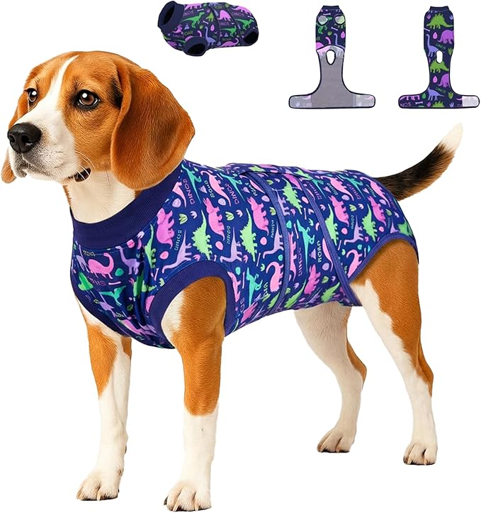 PetWarm Pet Recovery Suit for Dogs, Onesies for Dogs, Dog Cone Alternative After Surgery Substitute E-Collar and Cone Prevent Dog Onesies Pet Surgery Recovery Suit, Dinosaur Pattern, Blue Purple, S