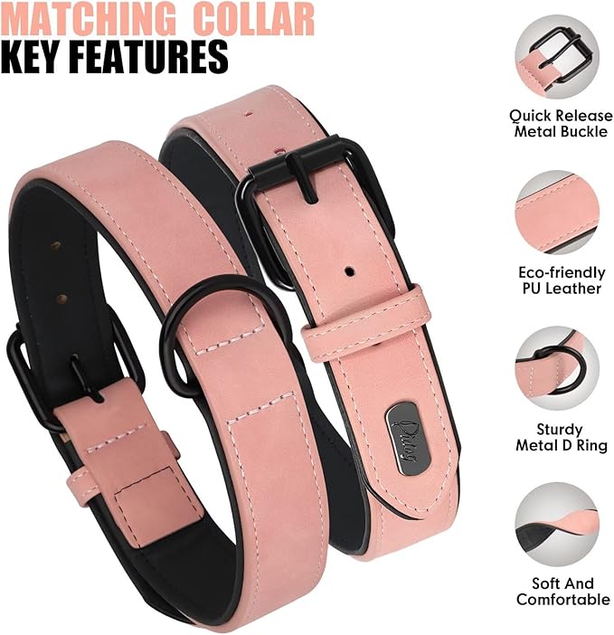 Didog Soft Padded Leather Dog Collar and Leash Set,Adjustable Dog Lead and Collar Set with Metal Buckle, Breathable Pink Pet Collars with 4FT PU Leather Leash for Medium Large Dogs, Pink, L