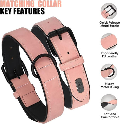Didog Soft Padded Leather Dog Collar and Leash Set, Adjustable Dog Lead and Collar Set with Metal Buckle, Breathable Pet Collars with 4FT PU Leather Leash for Large Dogs, Pink, XL