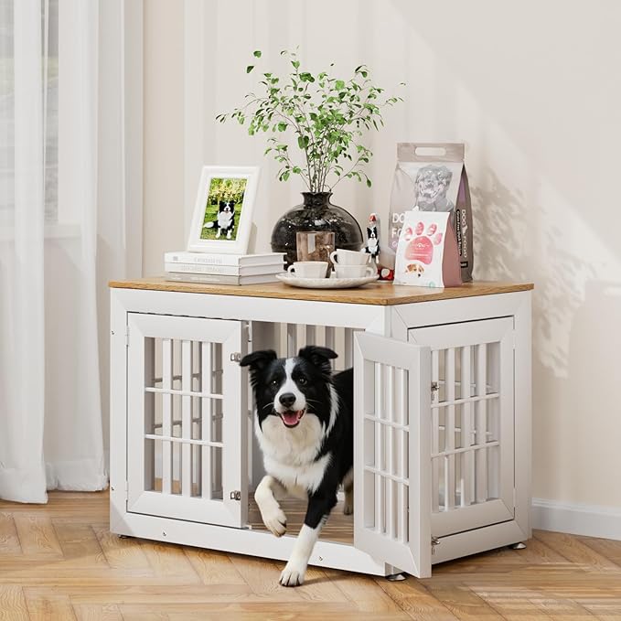 Snuowu 38" Heavy Duty Dog Crate Furniture for Small,Medium and Large Dogs,Rustic Wooden Dog Cage Kennel Indoor Furniture with Waterproof Top,Decorative Pet House Side End Table (White & Wood)