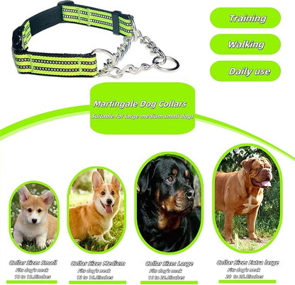 Martingale Dog Collars, Reflective Nylon Collar with Stainless Steel Chain, Adjustable Walking Training Dog Collars with Quick Release Buckle, Suitable for Small Medium Large Dogs(Green,XL)