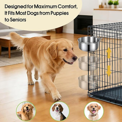 2 Pack Dog Crate Water Bowl No Spill, Stainless Steel Dog Bowls for Food and Water, Pet Kennel Hanging Dogs Food Bowls for Medium/Large Dogs and Cats (7.1"x3.7" & 6.3"*2.6", Silver)