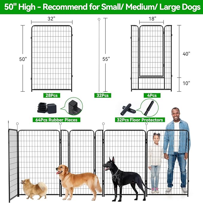 Kfvigoho Dog Playpen Outdoor Extra Wide 32 Piece Panels Heavy Duty Dog Fence 50" Height Anti-Rust with Doors Portable for RV Camping Yard, Total 84FT, 561 Sq.ft, Snowy Black