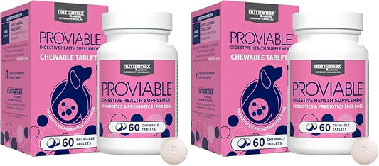 Nutramax Proviable Probiotics for Dogs, Daily Digestive Health Supplement with Multiple Strains of Bacteria, Dog Probiotics Plus Prebiotics, 60 Chewable Tablets,(Pack of 2)
