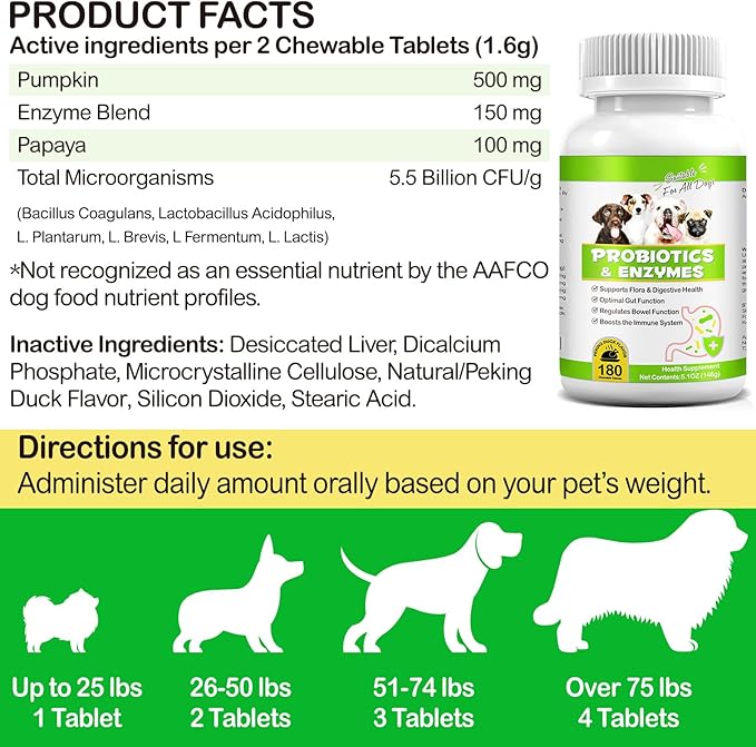 Probiotics for Dogs, 180 Chews Dog Probiotics and Digestive Enzymes, Promotes Gut Health, for Bowel Support, Immunity Health