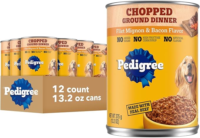 Pedigree Chopped Ground Dinner Adult Soft Wet Dog Food Filet Mignon & Bacon Dinner, Canned Dog Food, 13.2 oz. Cans (12 Count, Pack of 1)