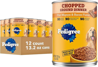 Pedigree Chopped Ground Dinner Adult Soft Wet Dog Food Filet Mignon & Bacon Dinner, Canned Dog Food, 13.2 oz. Cans (12 Count, Pack of 1)