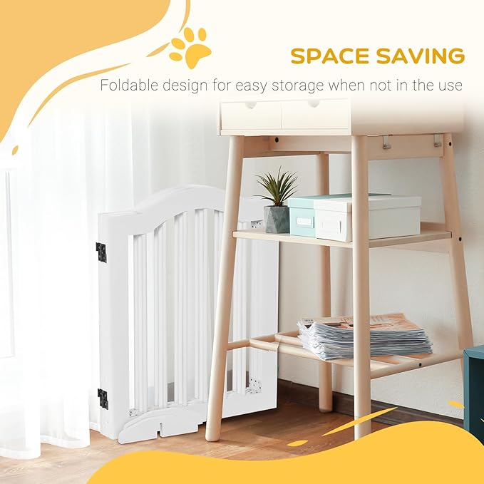 PawHut Freestanding Pet Gate for Dogs 24" Tall Foldable Dog Gates Indoor Wooden Barrier 3 Panels with 2 Support Feet, for Doorway Stairs, White