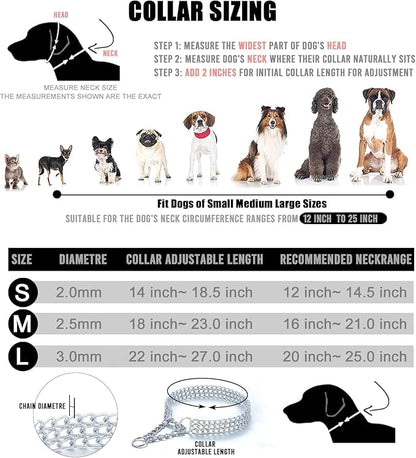 Heavy Duty Dog Choker Chain Collar, Silver Double Row Martingale Chain Dog Collars, Chew Proof Metal Cuban Link Dog Collars Adjustable for Small Medium Large Breed Dogs (2 Row, L)