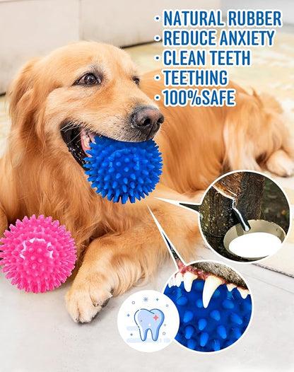 Pweituoet 4.5” Heavy Duty Squeaky Dog Balls for Medium Large Dogs, Dog Toys for Aggressive Chewers, Spike Ball Toys for Clean Teeth and Training(2 Pack) (4.5" red and Blue)