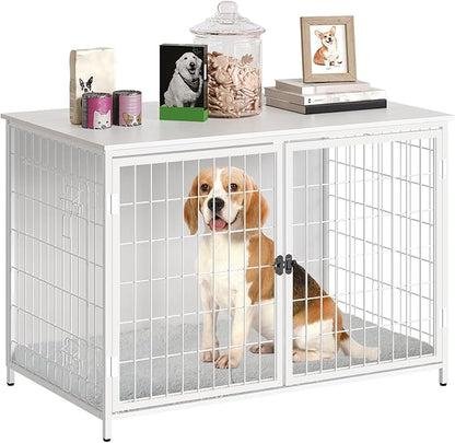 MAHANCRIS Dog Crate Furniture with Cushion, Wooden Dog Kennel with Double Doors, Heavy Duty Dog Cage for Small/Medium/Large Dogs, Indoor Dog House End Table, 39.4" L, White DCBW10701