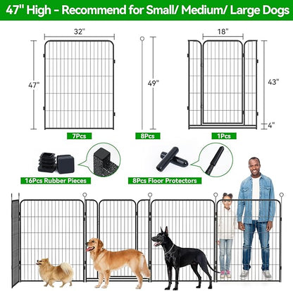 Kfvigoho Dog Playpen Outdoor Extra Wide 8 Piece Panels Heavy Duty Dog Fence 47" Height Anti-Rust with Doors Portable for RV Camping Yard, Total 21FT, 35 Sq.ft, Snowy Black
