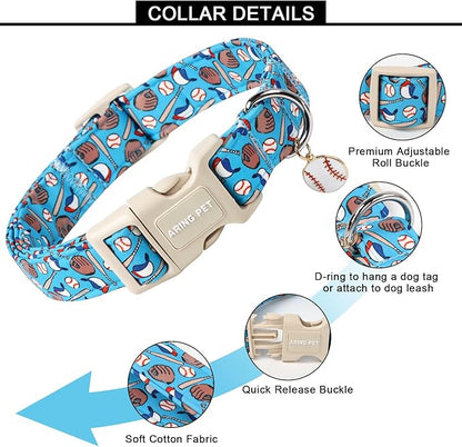 ARING PET Baseball Dog Collar, Cute Summer Blue Pet Collars with Quick Release Buckle for Puppy Small Medium Large Boy Girl Dogs-S