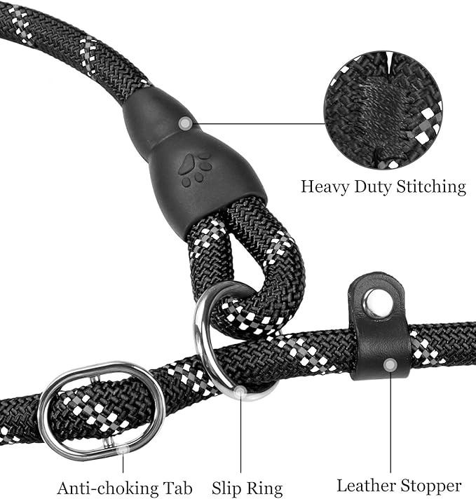 TagME 6ft Slip Dog Lead, No Pull Reflective Training Leash with Padded Handle, Professional Rope P-Leash for Small Medium Large Dogs, Heavy Duty Correction Lead for Walking & Training (Black)