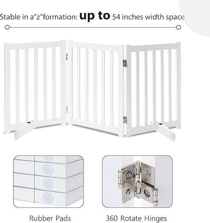 LZRS Freestanding Dog Gate 30 inch Tall - 3 Panels Solid Wooden Pet Gate for Doorways, Stairs & Hallways, Expandable & Foldable with Support Feet，Indoor Use,White