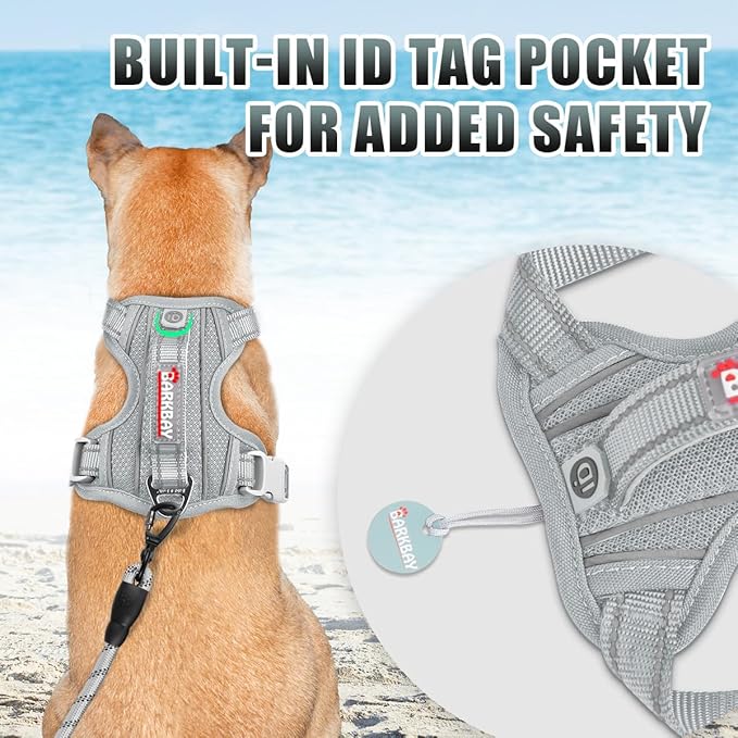 BARKBAY No Pull Dog Harness Large Reflective Dog Harness with Front Clip and Easy Control Handle for Walking Training Running with ID tag Pocket(Grey,XL)