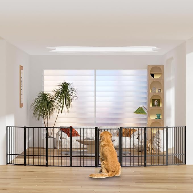 SNUOWU Full Metal Freestanding Dog Gate with Door, 32''Height Foldable Pet Dog Fence for Indoor & Outdoor, 8 Panels Extra Wide Free Standing TallDog Gates for Doorways,House,Stairs,Porch,Deck,Yard