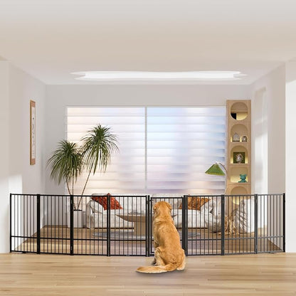 SNUOWU Full Metal Freestanding Dog Gate with Door, 32''Height Foldable Pet Dog Fence for Indoor & Outdoor, 8 Panels Extra Wide Free Standing TallDog Gates for Doorways,House,Stairs,Porch,Deck,Yard