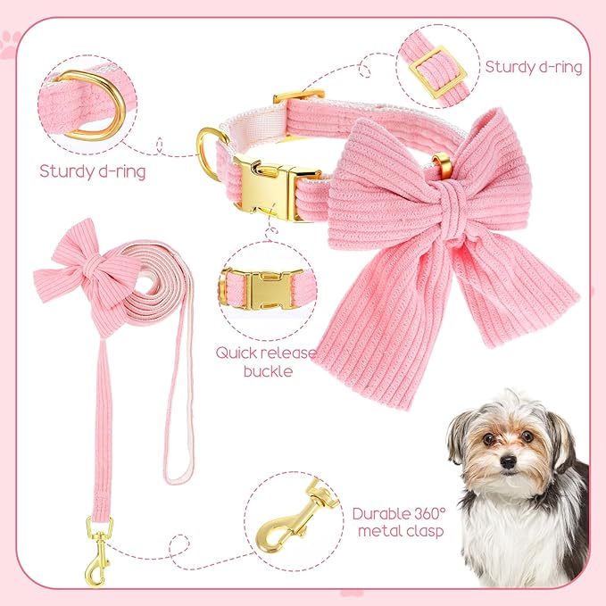 Dog Collar and Leash Set with Bowtie, Pink Cute Girl Dog Collars Bow Metal Buckle Adjustable Corduroy Dogs Collar 10‘’-16‘’for Small Medium Puppy Dogs with 5 FT Leash Pink S