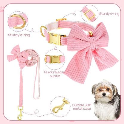 Dog Collar and Leash Set with Bowtie, Pink Cute Girl Dog Collars Bow Metal Buckle Adjustable Corduroy Dogs Collar 10‘’-16‘’for Small Medium Puppy Dogs with 5 FT Leash Pink S