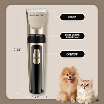 HEAPETS Dog Grooming Clippers, Low Noise, Electric Quiet, Adjustable Clipper Comb, Rechargeable Cordless Dog Hair Clippers for Dogs Cats Pets, Gold