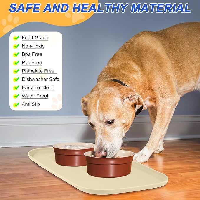 Silicone Pet Feeding Mat with Raised Edge for Food and Water, Dog Bowl Mats, Cat Bowls Placemat with High Lip for Floor Waterproof, Rubber Tray for Cats and Dogs 22 x 14 x 0.8 White Sand (Yellow Cast)