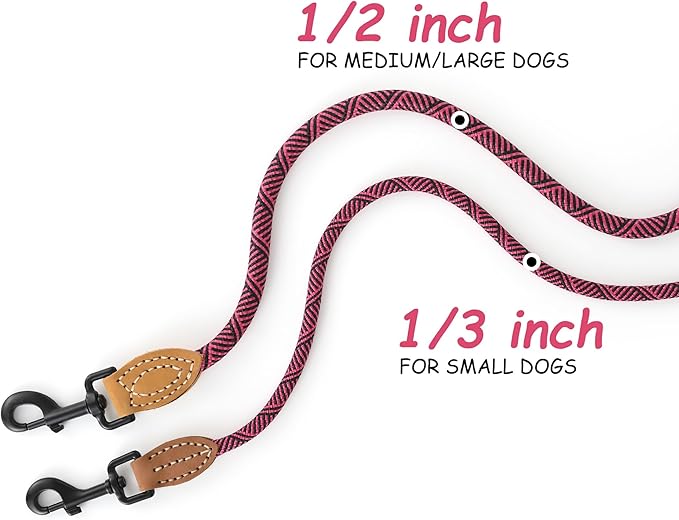 Mile High Life Small Dog Leash, Thin Rope Leash with Genuine Leather Connection and Heavy Duty Metal Clasp, Great for Small Medium Dogs(Pink,72 Inch-1/3)